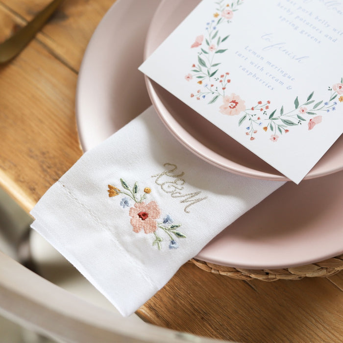 Personalised White Wildflower Embroidered Napkin