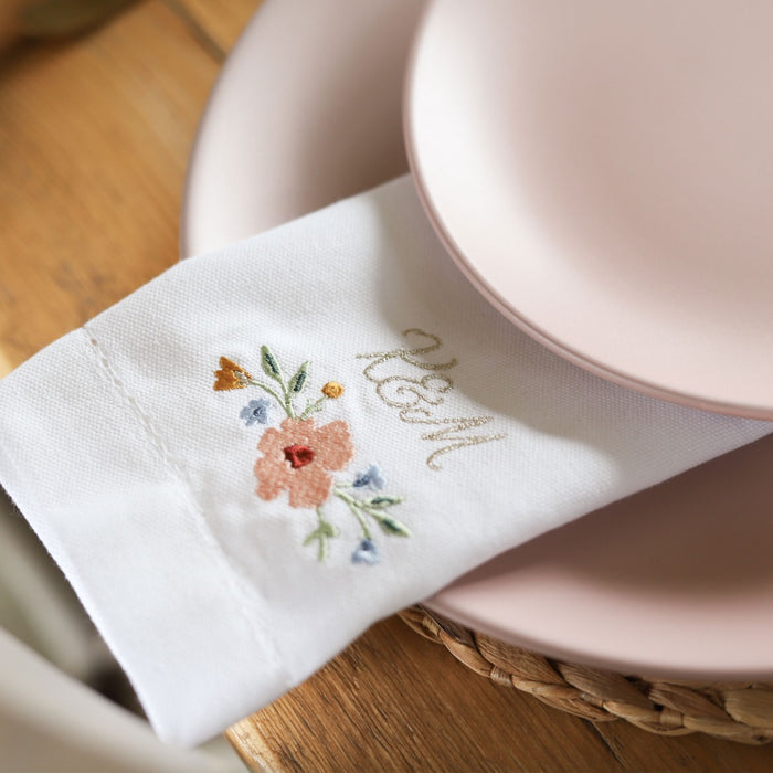 Personalised White Wildflower Embroidered Napkin