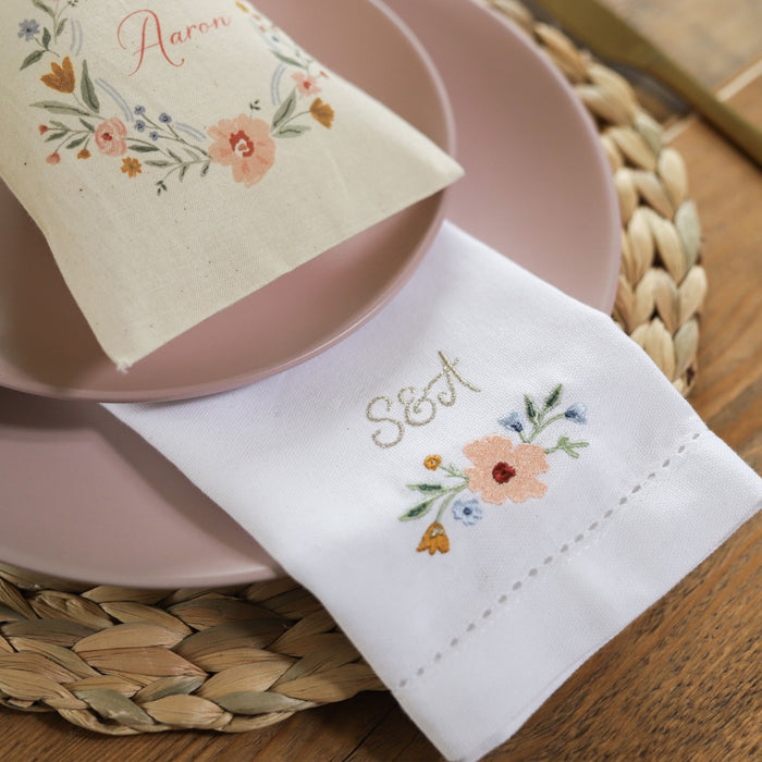 Personalised White Wildflower Embroidered Napkin