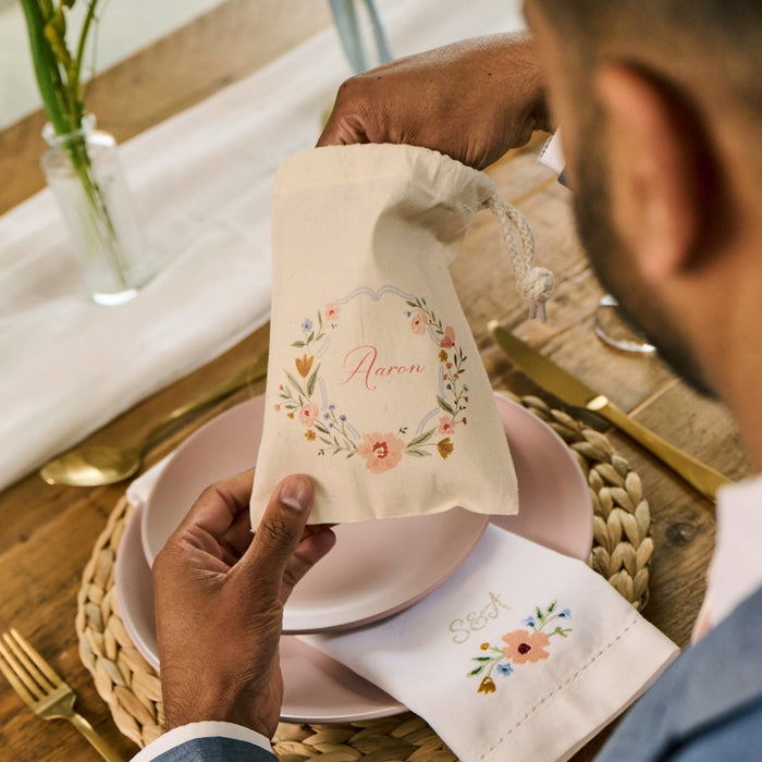 Personalised White Wildflower Embroidered Napkin