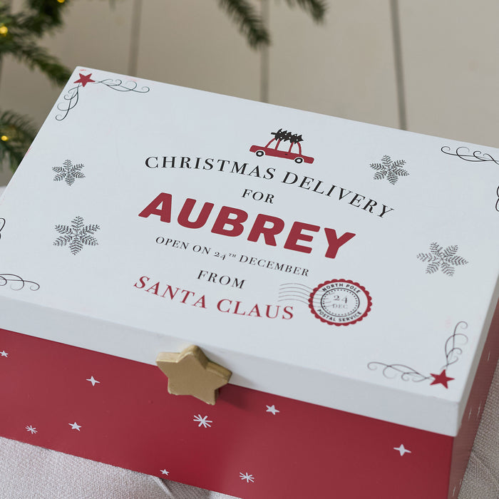 Personalised Wooden Christmas Delivery Red Christmas Eve Box FSC®