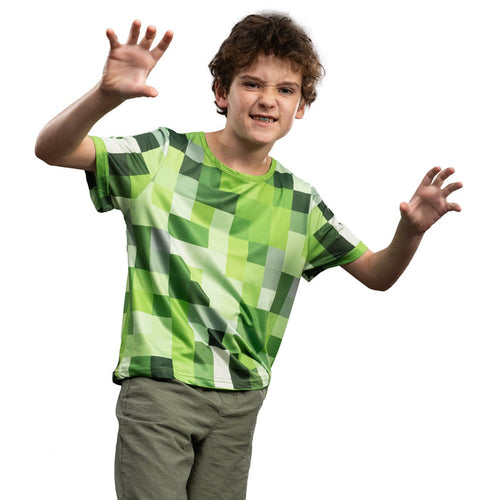 Pixelated Blocks Youth Halloween Costume T-Shirt Big Pixel Style Cosplay Top for Kids Blue or Green - TVStoreOnline