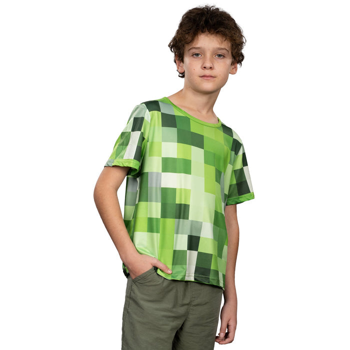 Pixelated Blocks Youth Halloween Costume T-Shirt Big Pixel Style Cosplay Top for Kids Blue or Green - TVStoreOnline