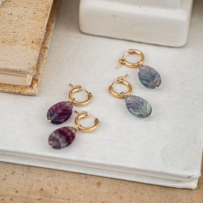 Protextor Parrish Rainbow Fluorite Carved Leaf and Gold Hoop Earrings