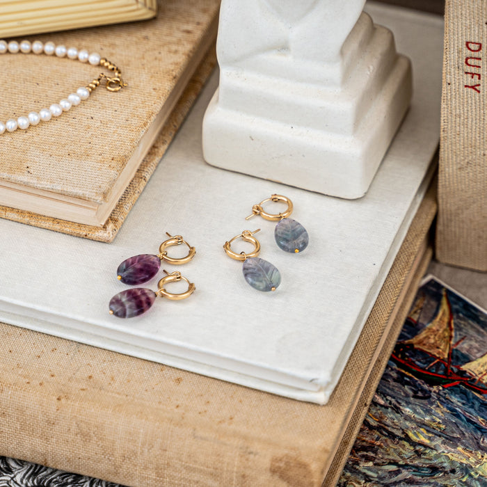 Protextor Parrish Rainbow Fluorite Carved Leaf and Gold Hoop Earrings