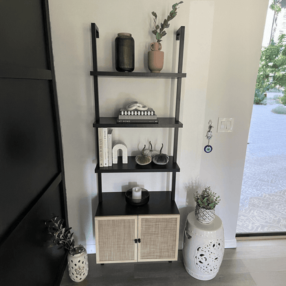 Rattan Ladder Storage Bookshelf with Doors Black - Nathan James