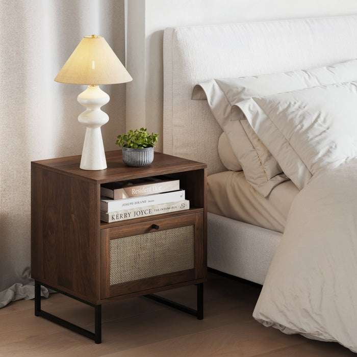 Rattan & Wood Storage Nightstand Walnut - Nathan James