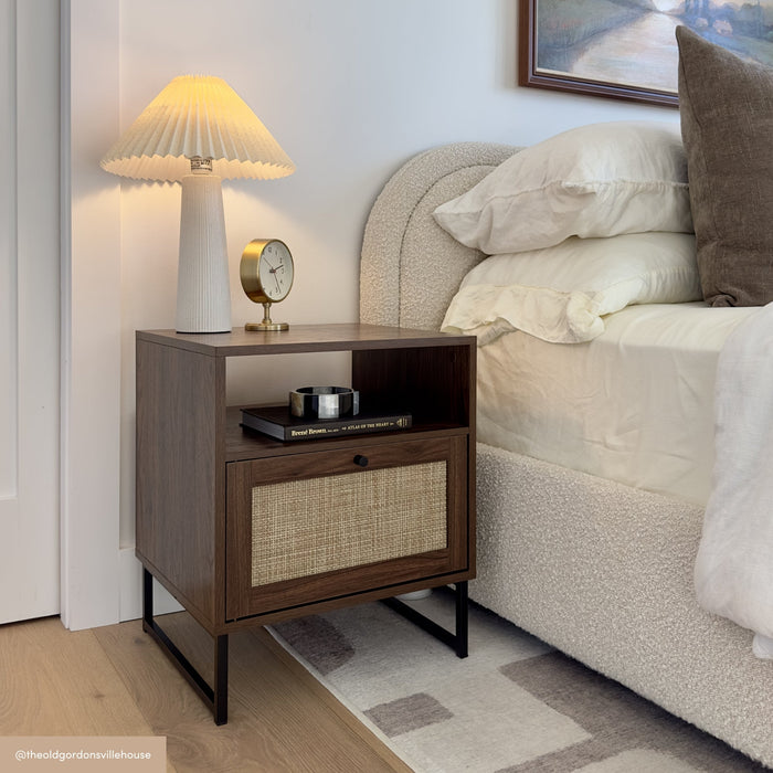Rattan & Wood Storage Nightstand Walnut - Nathan James