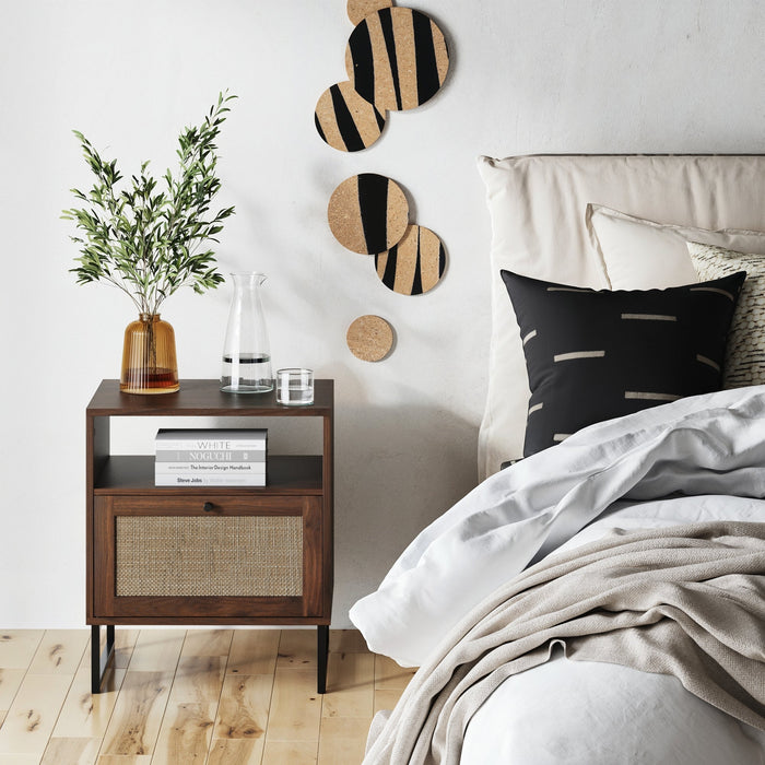Rattan & Wood Storage Nightstand Walnut - Nathan James