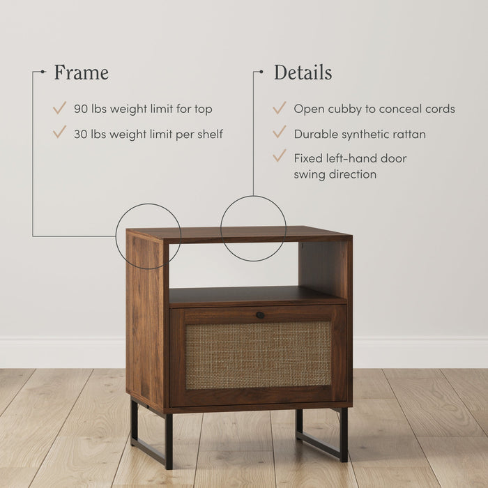 Rattan & Wood Storage Nightstand Walnut - Nathan James
