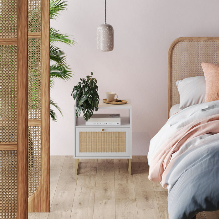 Rattan & Wood Storage Nightstand White - Nathan James