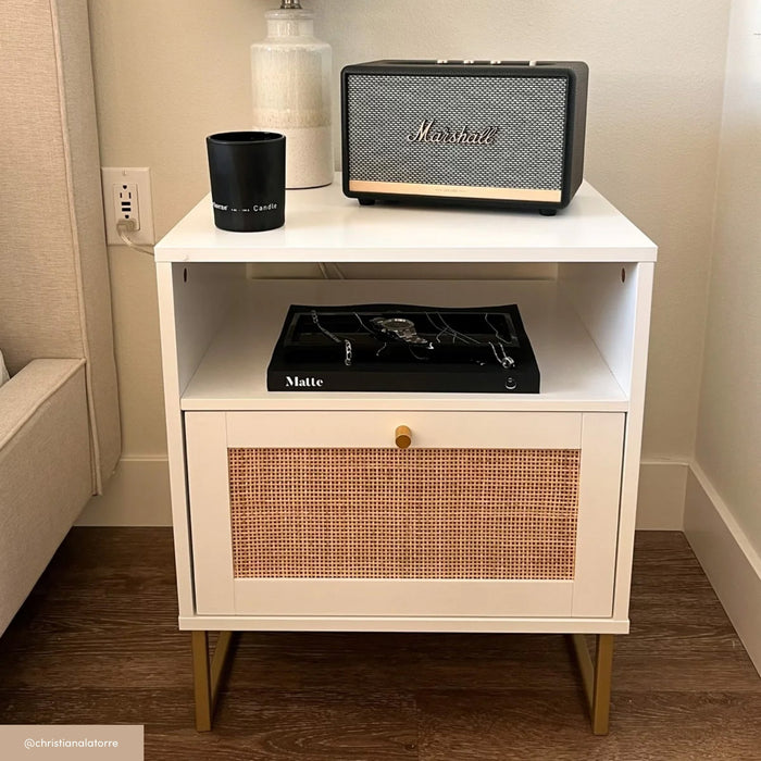 Rattan & Wood Storage Nightstand White - Nathan James