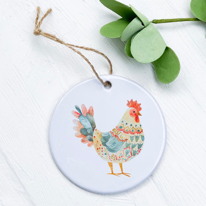Red and Blue Folk-Art Chicken - Patriotic Ornament