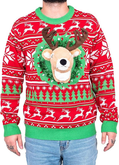 Reindeer Trophy Head 3D LED Lights Adult Unisex Ugly Christmas Sweater - TVStoreOnline