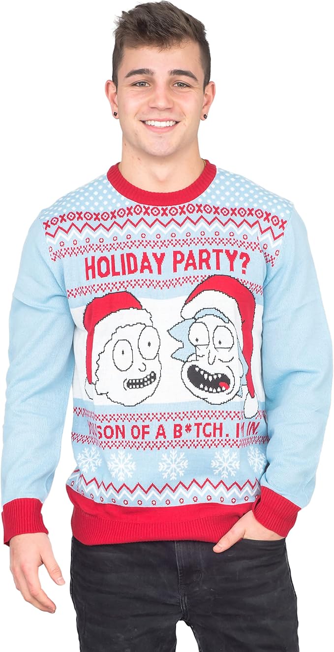 Rick and Morty Holiday Party Light Blue Adult Unisex Ugly Christmas Sweater - TVStoreOnline