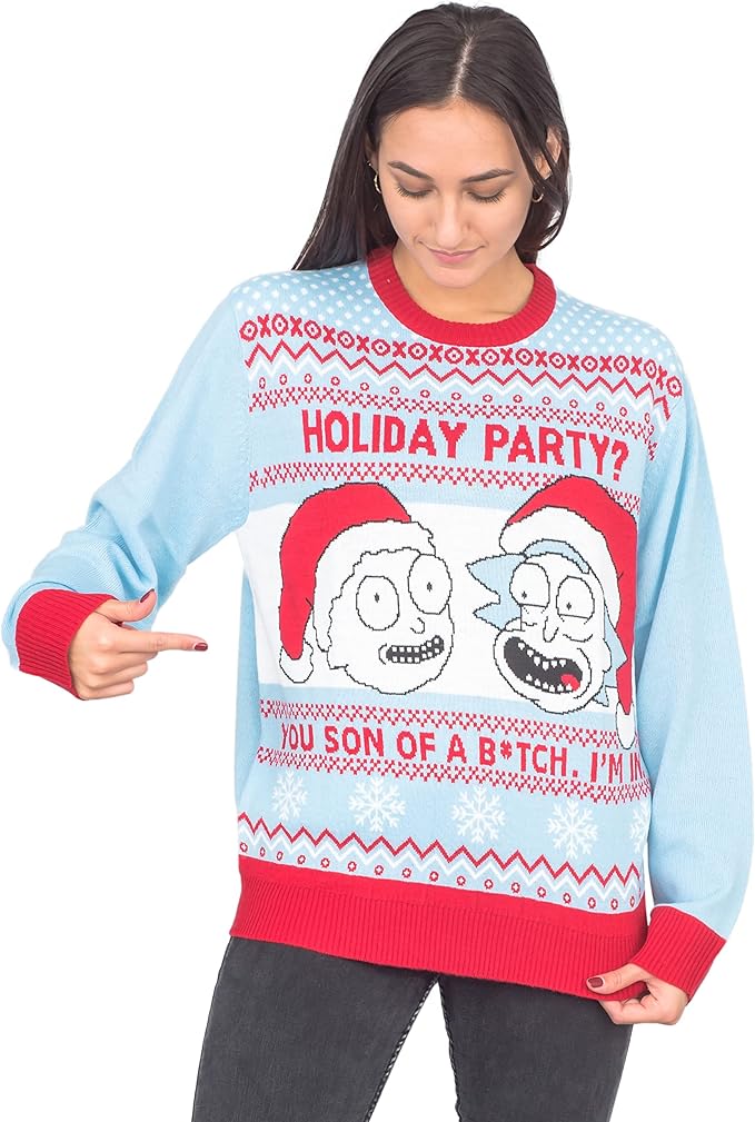 Rick and Morty Holiday Party Light Blue Adult Unisex Ugly Christmas Sweater - TVStoreOnline