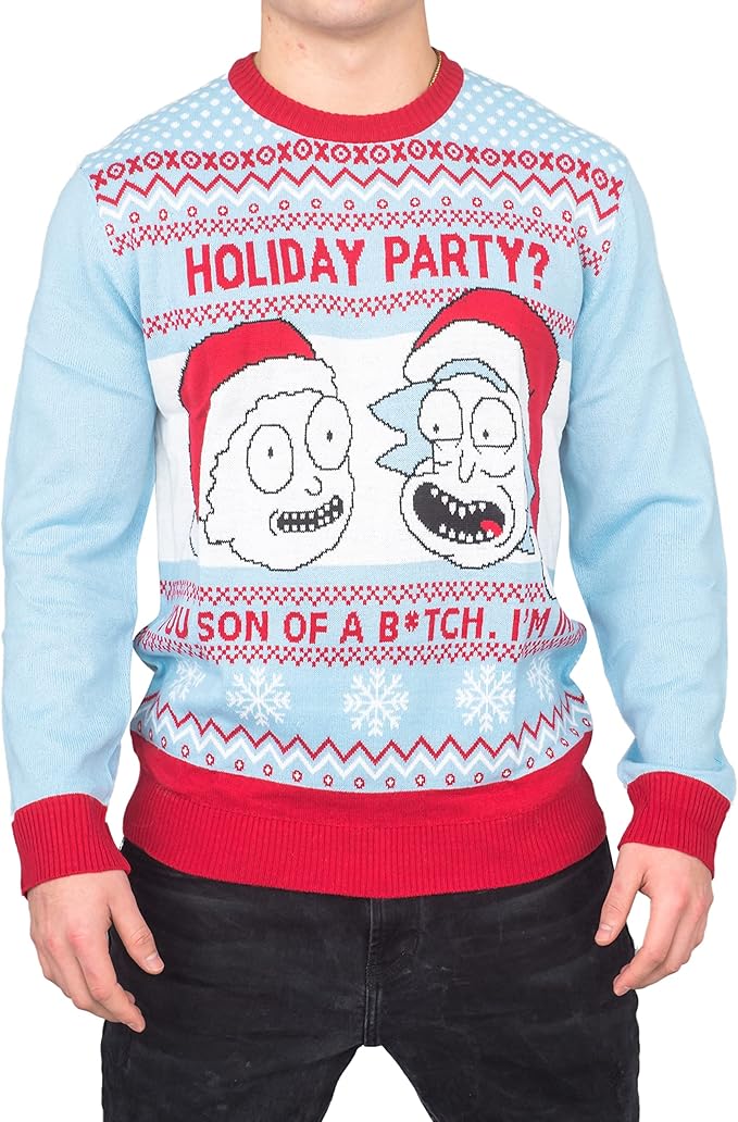 Rick and Morty Holiday Party Light Blue Adult Unisex Ugly Christmas Sweater - TVStoreOnline