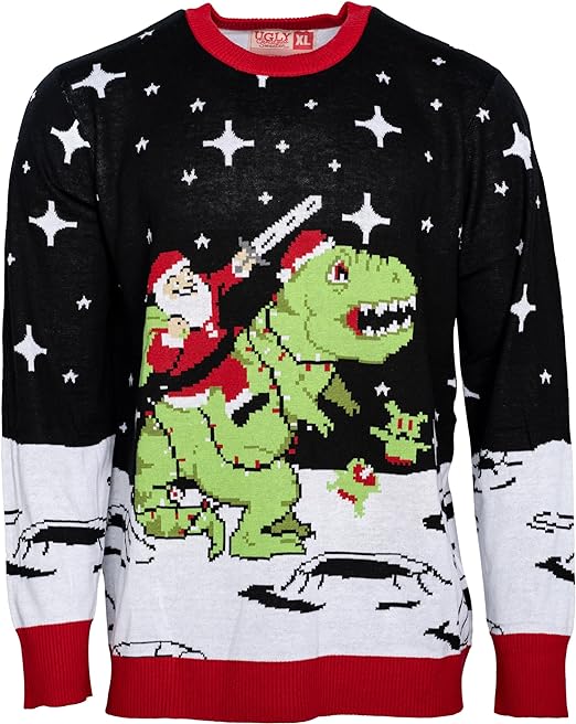 Santa Claus Riding T-Rex on Moon Pixelated Adult Unisex Ugly Christmas Sweater - TVStoreOnline