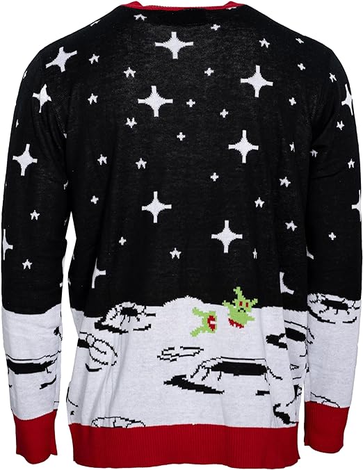 Santa Claus Riding T-Rex on Moon Pixelated Adult Unisex Ugly Christmas Sweater - TVStoreOnline