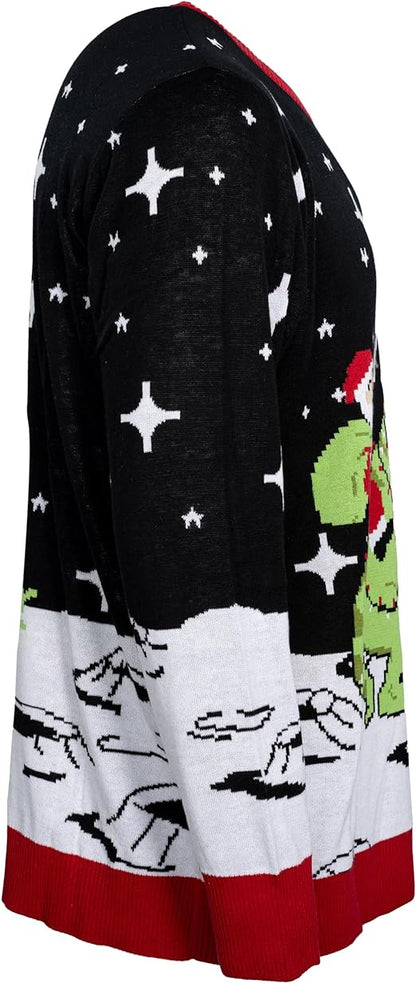 Santa Claus Riding T-Rex on Moon Pixelated Adult Unisex Ugly Christmas Sweater - TVStoreOnline