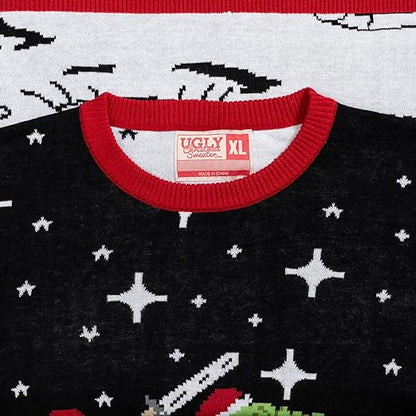 Santa Claus Riding T-Rex on Moon Pixelated Adult Unisex Ugly Christmas Sweater - TVStoreOnline