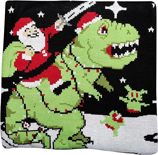 Santa Claus Riding T-Rex on Moon Pixelated Adult Unisex Ugly Christmas Sweater - TVStoreOnline