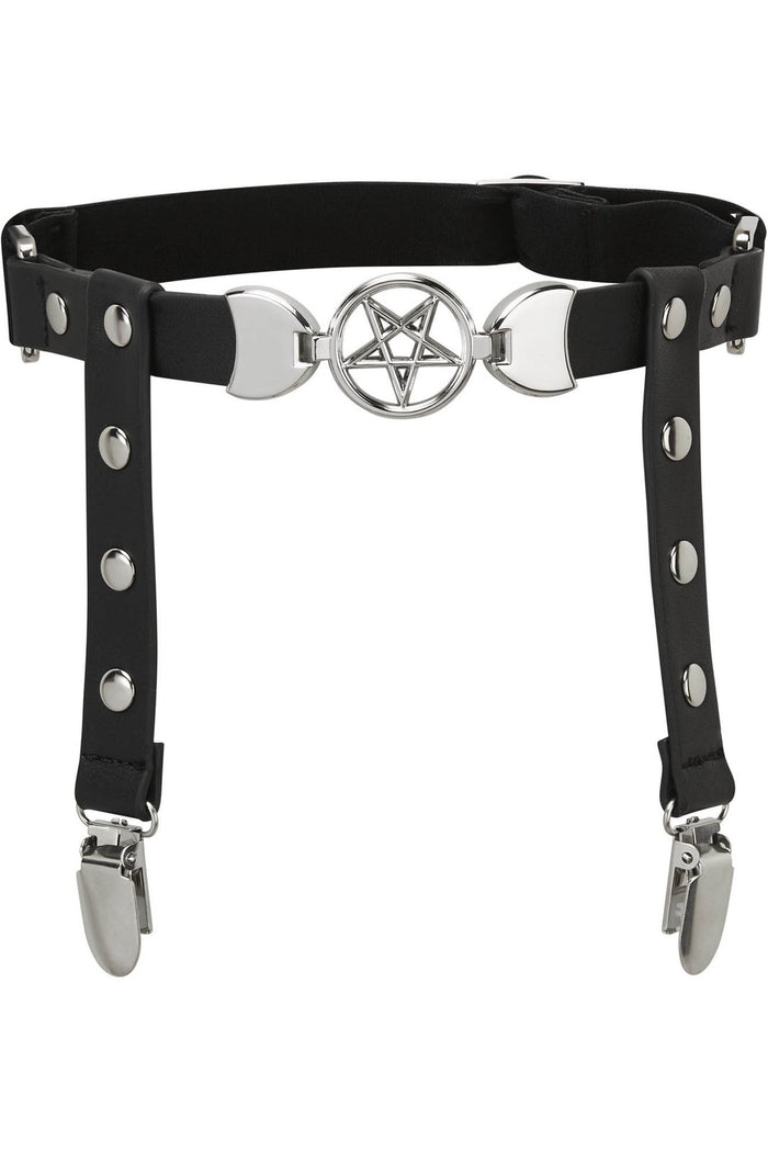 front view of black leg garter with vegan leather statement pentagram. Has adjustable elastic back, stud detail and suspender holders.