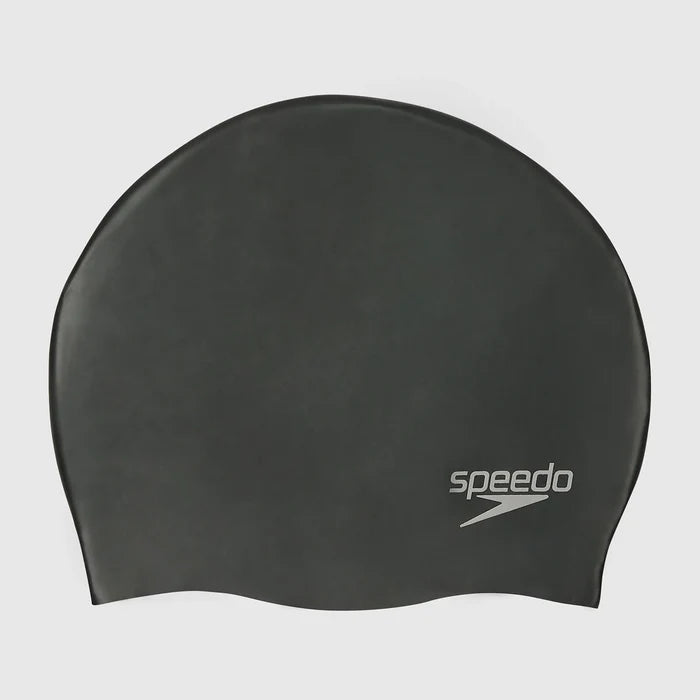Black swim cap with Speedo logo on a white background