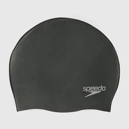 Black swim cap with Speedo logo on a white background