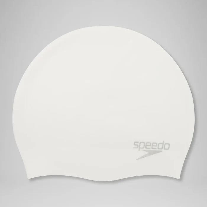 A white Speedo swim cap with a gray logo printed on the lower right side, shown against a neutral gray background.