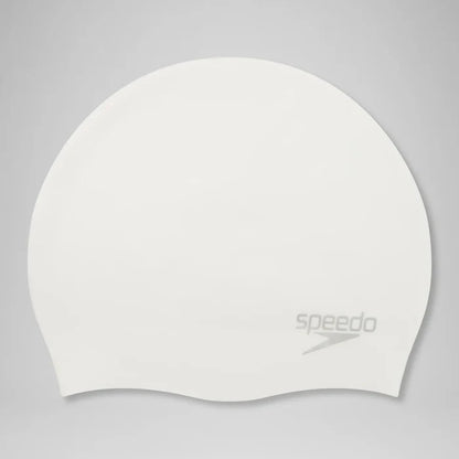 A white Speedo swim cap with a gray logo printed on the lower right side, shown against a neutral gray background.