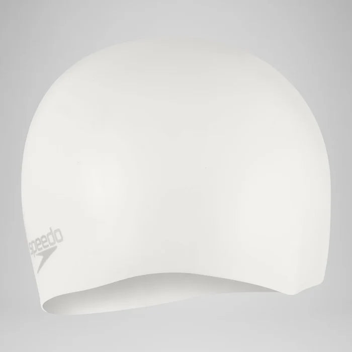 A white Speedo swim cap shown from a side profile view against a neutral gray background.