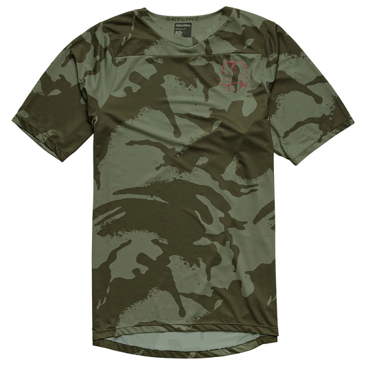 Camouflage t-shirt with a brand logo on a white background