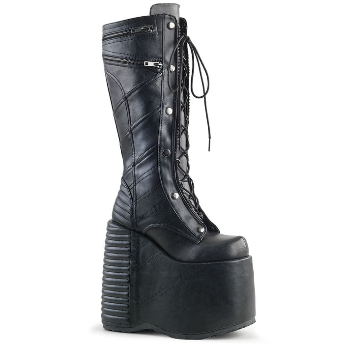 outer side view of black vegan leather 7" platform Full lace-up front, no zipper Knee high boot Features moto jacket inspired stitching and ornamental zipper details
