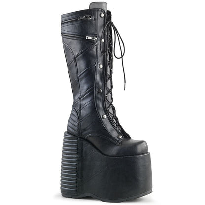outer side view of black vegan leather 7" platform Full lace-up front, no zipper Knee high boot Features moto jacket inspired stitching and ornamental zipper details