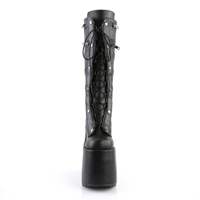 front view of 7" platform Full lace-up front, no zipper Knee high boot Features moto jacket inspired stitching and ornamental zipper details