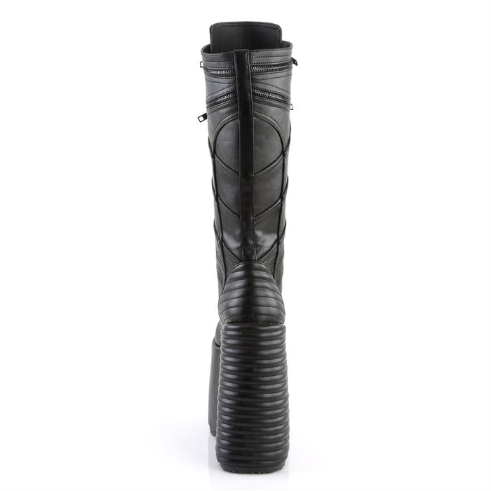 back view of 7" platform Full lace-up front, no zipper Knee high boot Features moto jacket inspired stitching and ornamental zipper details