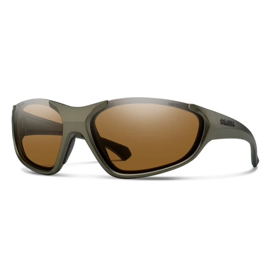 Sunglasses with brown lenses and green frame on a white background