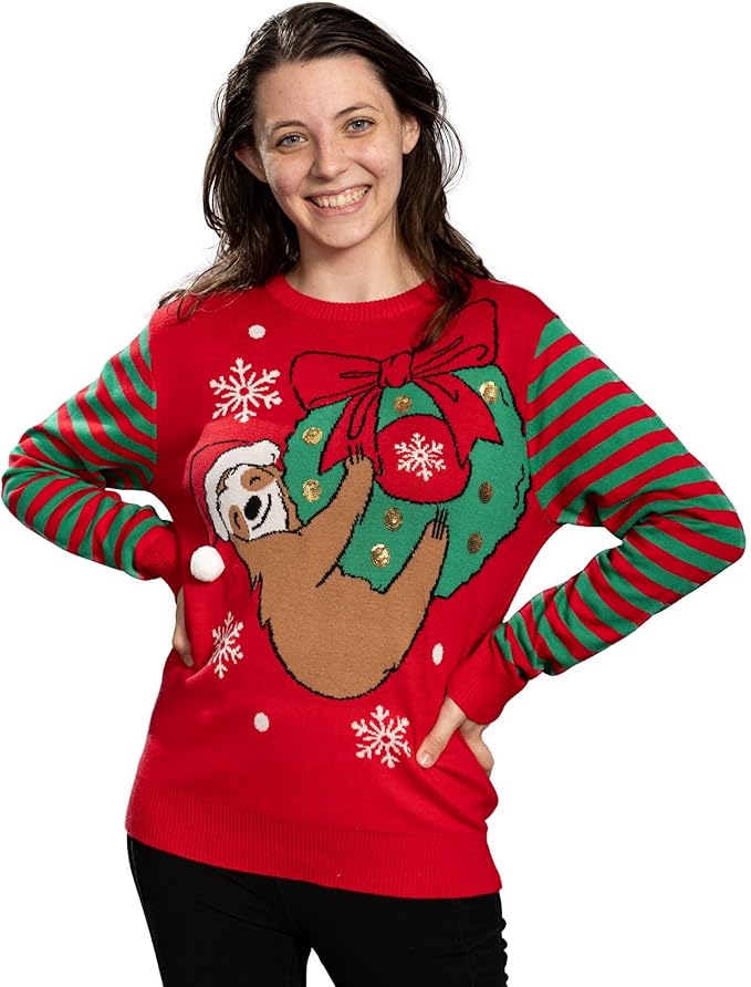 Sloth Santa Hat Hanging on Gift Ball Ornament Women's Juniors Ugly Christmas Sweater - TVStoreOnline