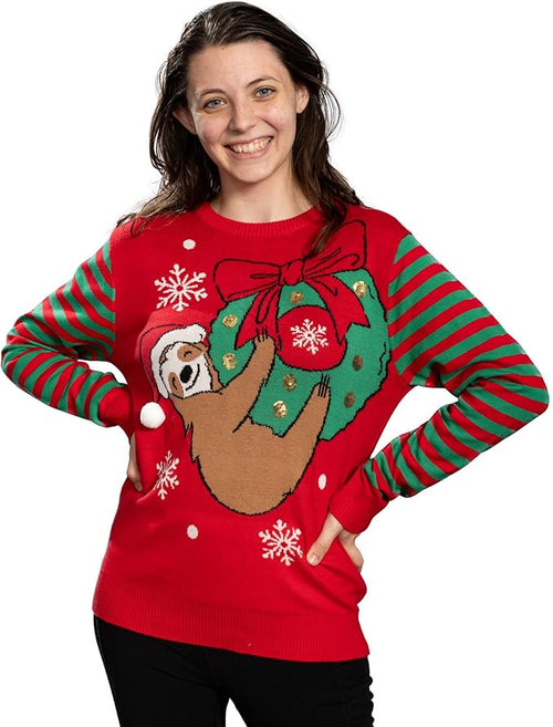 Sloth Santa Hat Hanging on Gift Ball Ornament Women's Juniors Ugly Christmas Sweater - TVStoreOnline