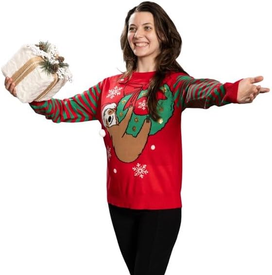 Sloth Santa Hat Hanging on Gift Ball Ornament Women's Juniors Ugly Christmas Sweater - TVStoreOnline