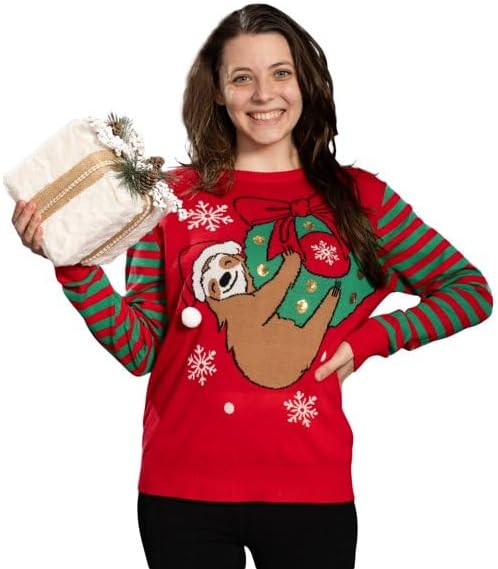 Sloth Santa Hat Hanging on Gift Ball Ornament Women's Juniors Ugly Christmas Sweater - TVStoreOnline