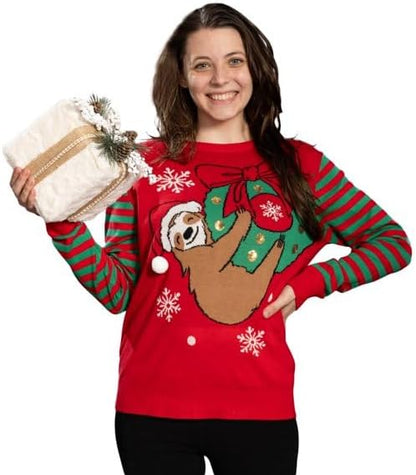 Sloth Santa Hat Hanging on Gift Ball Ornament Women's Juniors Ugly Christmas Sweater - TVStoreOnline
