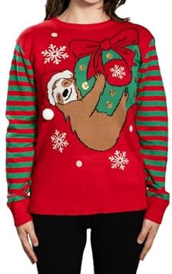 Sloth Santa Hat Hanging on Gift Ball Ornament Women's Juniors Ugly Christmas Sweater - TVStoreOnline