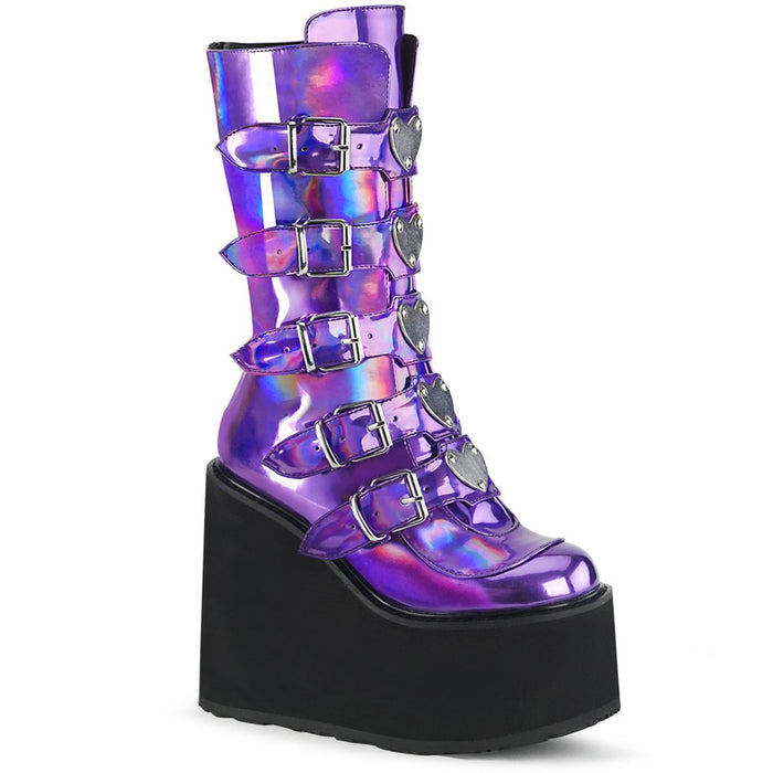 outer side view of vegan vinyl purple hologram 5 1/2" wedge platform Mid-calf boot Features 5 buckle straps w/ heart shaped metal plates at center with back metal zip closure