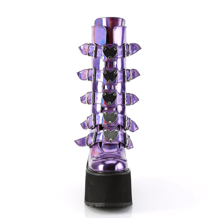 front view of vegan vinyl purple hologram 5 1/2" wedge platform Mid-calf boot Features 5 buckle straps w/ heart shaped metal plates at center with back metal zip closure