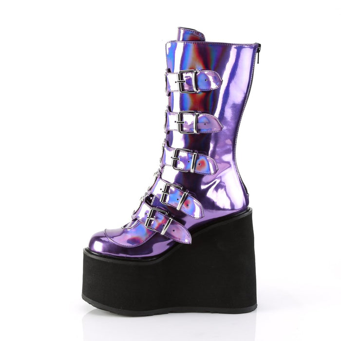 inner side view of vegan vinyl purple hologram 5 1/2" wedge platform Mid-calf boot Features 5 buckle straps w/ heart shaped metal plates at center with back metal zip closure