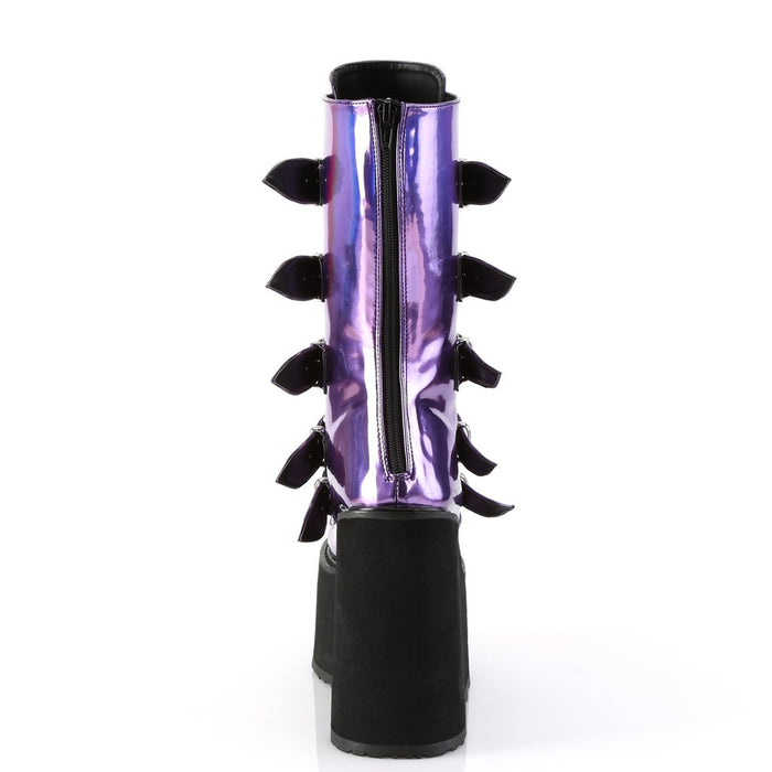 back side view of vegan vinyl purple hologram 5 1/2" wedge platform Mid-calf boot Features 5 buckle straps w/ heart shaped metal plates at center with back metal zip closure