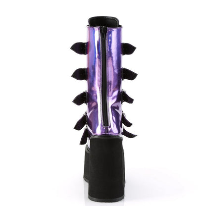 back side view of vegan vinyl purple hologram 5 1/2" wedge platform Mid-calf boot Features 5 buckle straps w/ heart shaped metal plates at center with back metal zip closure