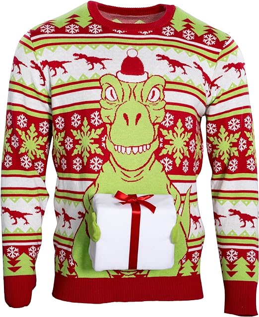 T-Rex Santa Hat 3D Interactive Gift Box Sweater - TVStoreOnline